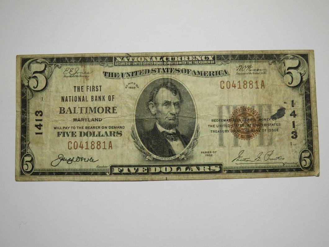 $5 1929 Baltimore Maryland MD National Currency Bank Note Bill Charter #1413