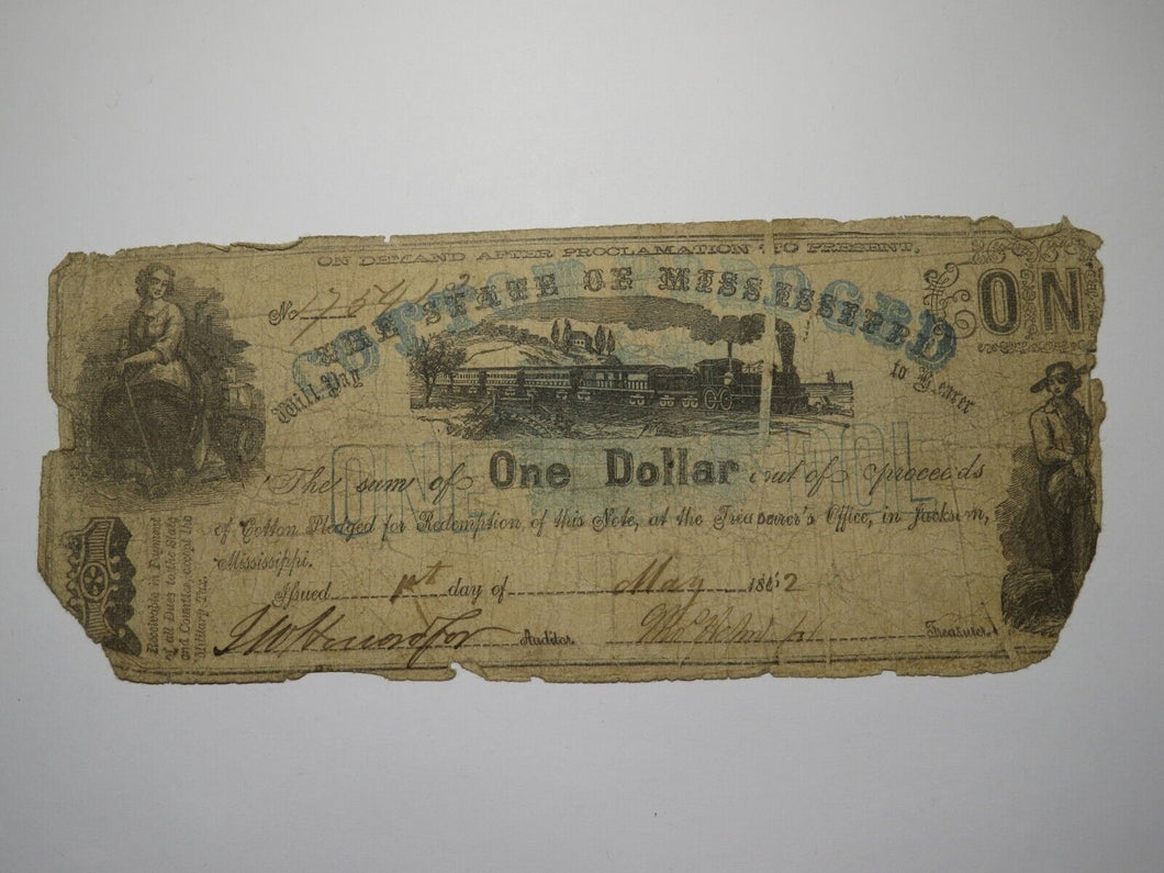 $1 1862 Jackson Mississippi Obsolete Currency Bank Note Bill! State of MS