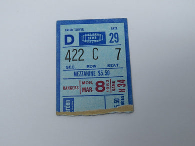 March 8, 1982 New York Rangers Vs. Detroit Red Wings NHL Hockey Ticket Stub