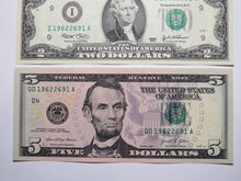 Load image into Gallery viewer, $2 2003 &amp; $5 2021 Matching Radar Serial Numbers Federal Reserve Bank Note Bills