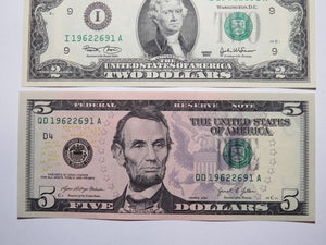 $2 2003 & $5 2021 Matching Radar Serial Numbers Federal Reserve Bank Note Bills