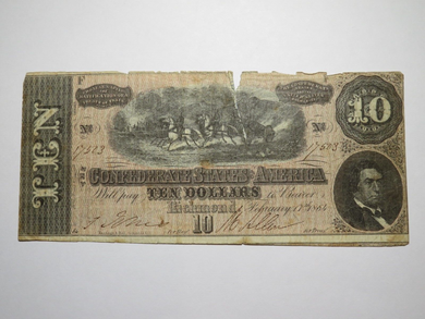 $10 1864 Richmond Virginia VA Confederate Currency Bank Note Bill RARE T68