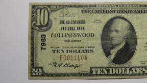 $10 1929 Collingswood New Jersey NJ National Currency Bank Note Bill Ch #7983 VF