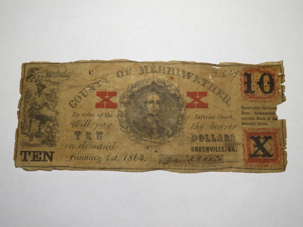 $10 1863 Greenville Georgia Obsolete Currency Bank Note Bill Merriwether County