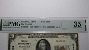 $20 1929 Manilla Iowa IA National Currency Bank Note Bill Ch. #5873 VF35 PMG