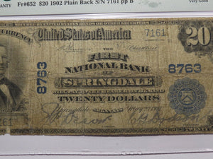 $20 1902 Springdale Arkansas AR National Currency Bank Note Bill Ch. #8763 VG10