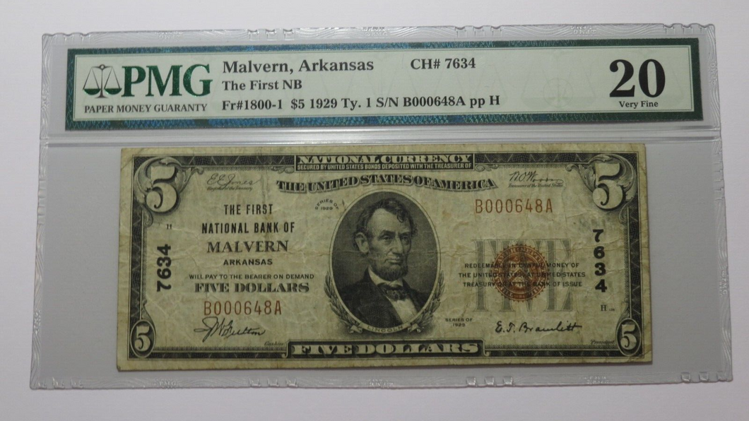 $5 1929 Malvern Arkansas AR National Currency Bank Note Bill Ch. #7634 PMG VF20