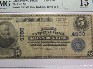 $5 1902 Grandview Texas TX National Currency Bank Note Bill Ch. #4389 F15 PMG