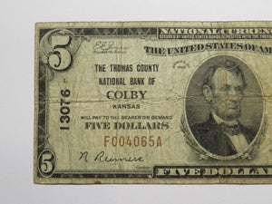 $5 1929 Colby Kansas KS National Currency Bank Note Bill Charter #13076 RARE