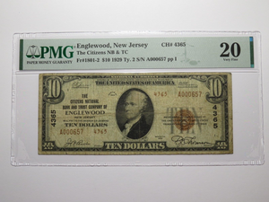 $10 1929 Englewood New Jersey NJ National Currency Bank Note Bill Ch. #4365 VF20