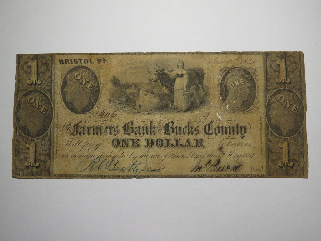 $1 1841 Bristol Pennsylvania PA Obsolete Currency Bank Note Bill Bucks County!