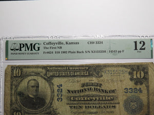 $10 1902 Coffeyville Kansas KS National Currency Bank Note Bill Ch #3324 F12 PMG