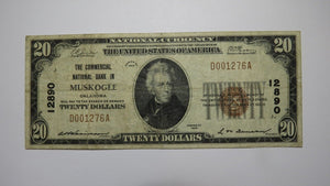 $20 1929 Muskogee Oklahoma OK National Currency Bank Note Bill Ch #12890 FINE