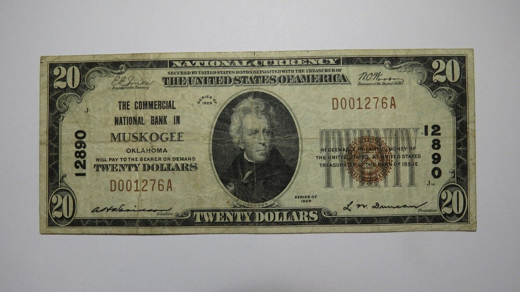 $20 1929 Muskogee Oklahoma OK National Currency Bank Note Bill Ch #12890 FINE