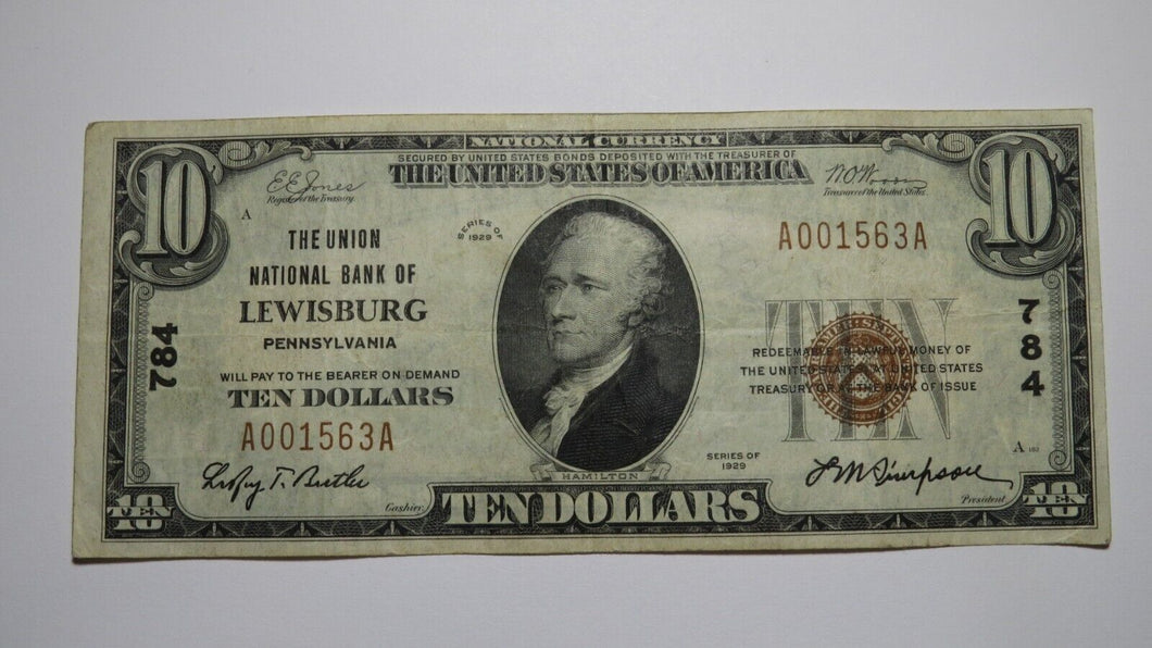 $10 1929 Lewisburg Pennsylvania PA National Currency Bank Note Bill Ch. #784 VF+