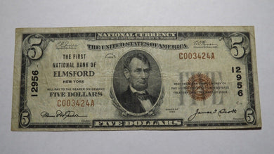 $5 1929 Elmsford New York NY National Currency Bank Note Bill Ch. #12956 FINE++