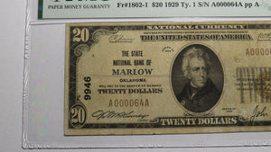 $20 1929 Marlow Oklahoma OK National Currency Bank Note Bill Ch. #9946 VF20 PMG