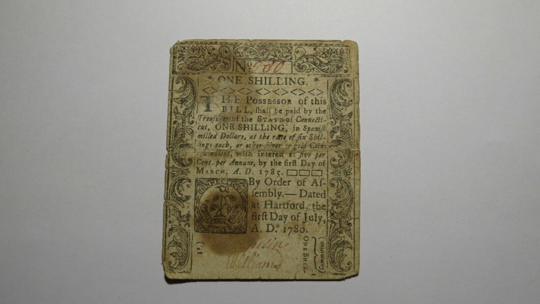 1780 One Shilling Hartford Connecticut CT Colonial Currency Note Bill RARE ISSUE