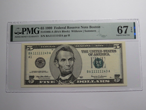 3 $5 1999-2006-2009 Matching Fancy Serial Numbers Federal Reserve Bank Note Bill