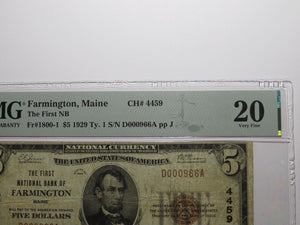 $5 1929 Farmington Maine ME National Currency Bank Note Bill Ch. #4459 VF20 PMG