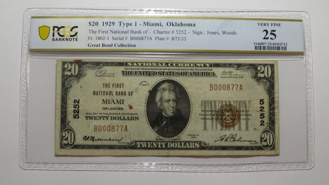 $20 1929 Miami Oklahoma OK National Currency Bank Note Bill Ch. #5252 VF25 PCGS