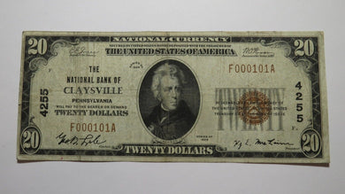 $20 1929 Claysville Pennsylvania PA National Currency Bank Note Bill! #4255 Fine