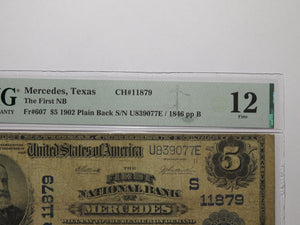 $5 1902 Mercedes Texas TX National Currency Bank Note Bill Ch. #11879 F12 PMG