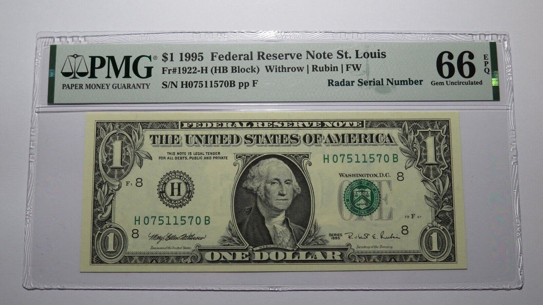 $1 1995 Radar Serial Number Federal Reserve Currency Bank Note Bill PMG UNC66EPQ