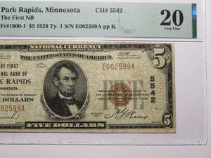 $5 1929 Park Rapids Minnesota MN National Currency Bank Note Bill Ch. #5542 VF20