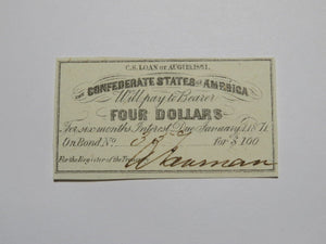 $4 1861 Confederate Bond Coupon Certificate Currency Bank Note Bill XF+