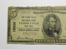 Load image into Gallery viewer, $5 1929 Lyons Falls New York NY National Currency Bank Note Bill Ch. #12836 RARE