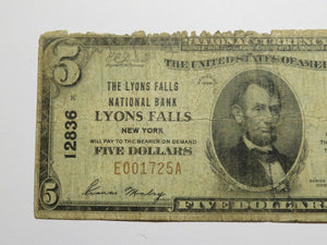 $5 1929 Lyons Falls New York NY National Currency Bank Note Bill Ch. #12836 RARE