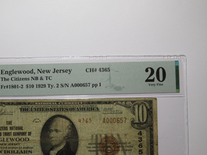 $10 1929 Englewood New Jersey NJ National Currency Bank Note Bill Ch. #4365 VF20