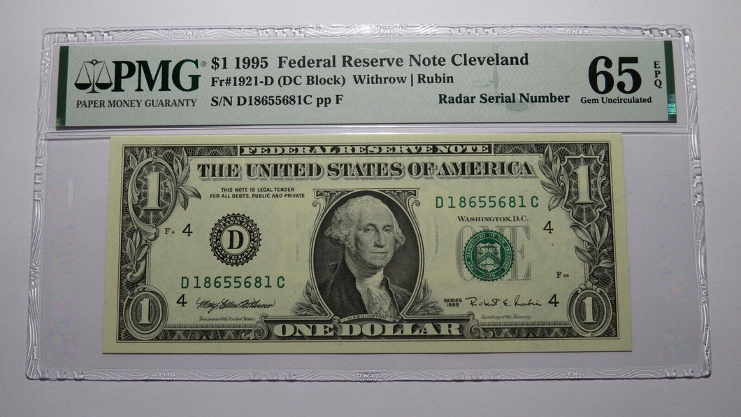 $1 1995 Radar Serial Number Federal Reserve Currency Bank Note Bill PMG UNC65EPQ