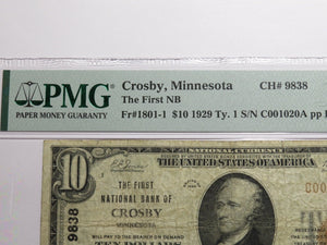 $10 1929 Crosby Minnesota MN National Currency Bank Note Bill Ch. #9838 F15 PMG