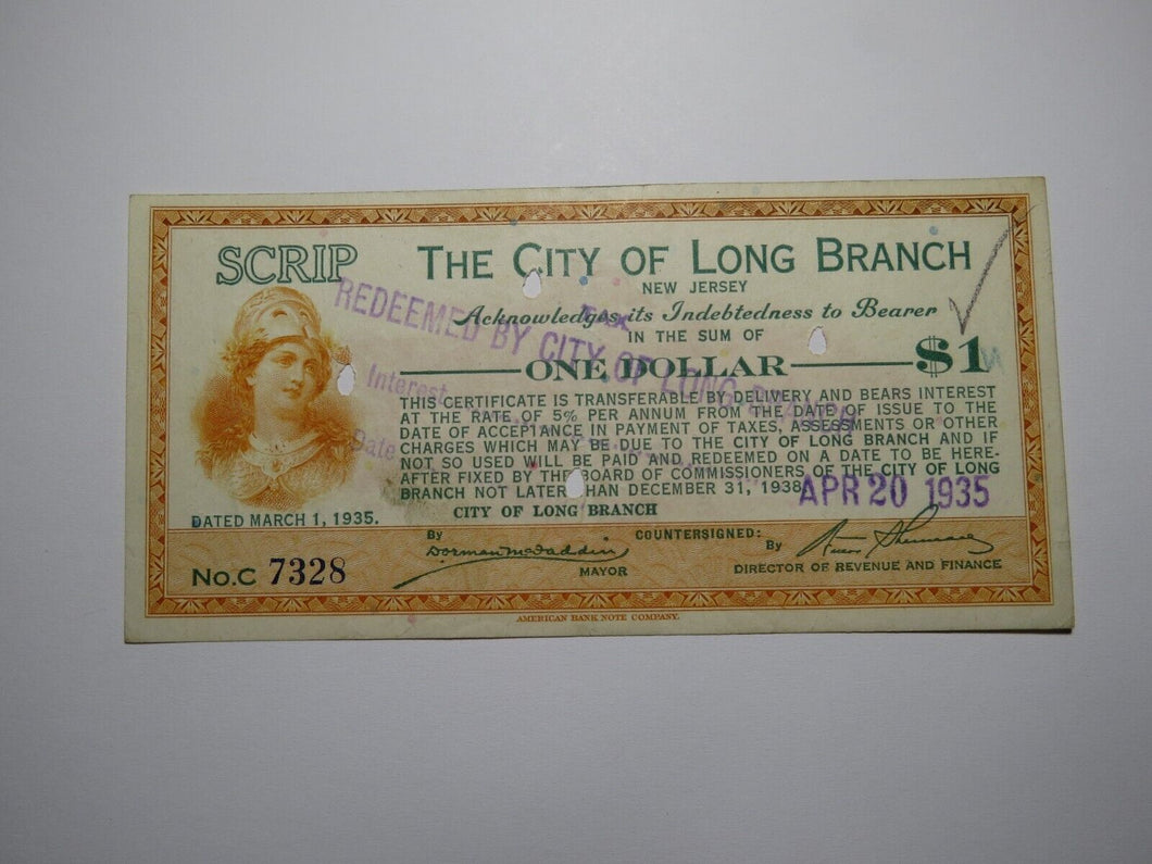 $1 1935 Long Branch New Jersey NJ Obsolete Currency Bank Note Scrip City of LB!