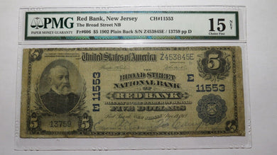 $5 1902 Red Bank New Jersey National Currency Bank Note Bill #11553 Broad Street