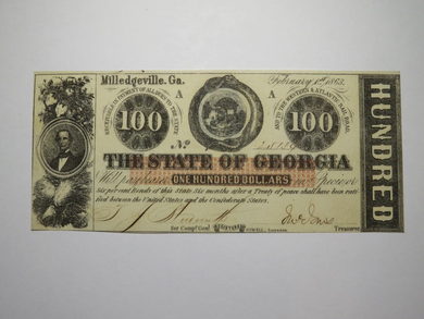 $100 1863 Milledgeville Georgia Obsolete Currency Bank Note Bill State of GA UNC