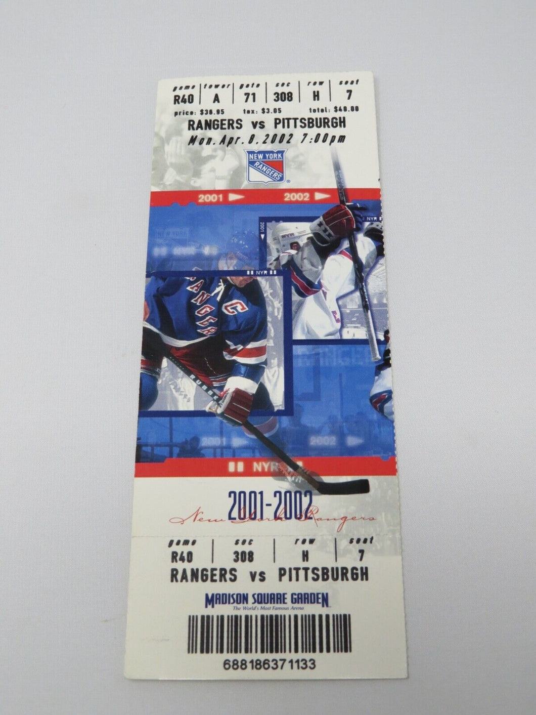 April 8, 2002 New York Rangers Vs. Pittsburgh Penguins NHL Hockey Ticket Stub