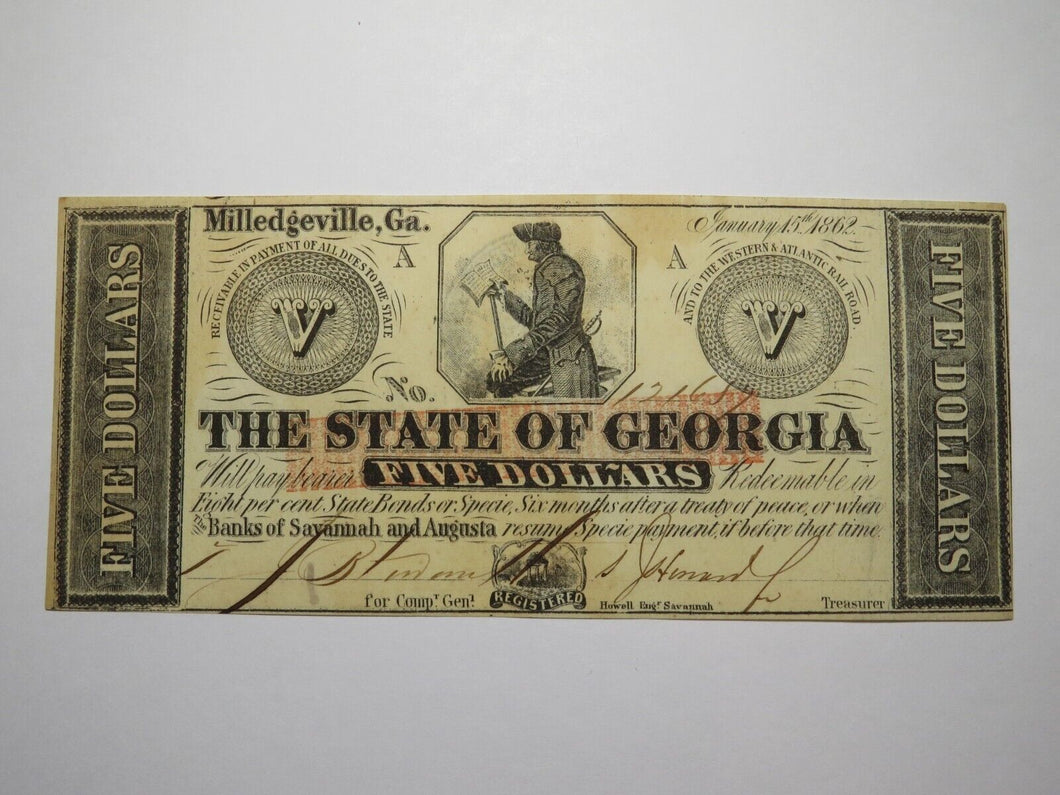 $5 1862 Milledgeville Georgia Obsolete Currency Bank Note Bill State of GA UNC++