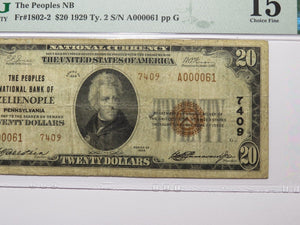 $20 1929 Zelienople Pennsylvania National Currency Bank Note Bill #7409 F15 PMG