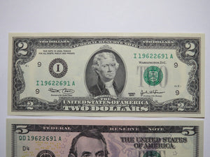 $2 2003 & $5 2021 Matching Radar Serial Numbers Federal Reserve Bank Note Bills