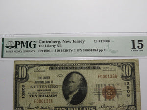 $10 1929 Guttenberg New Jersey NJ National Currency Bank Note Bill Ch #12806 F15