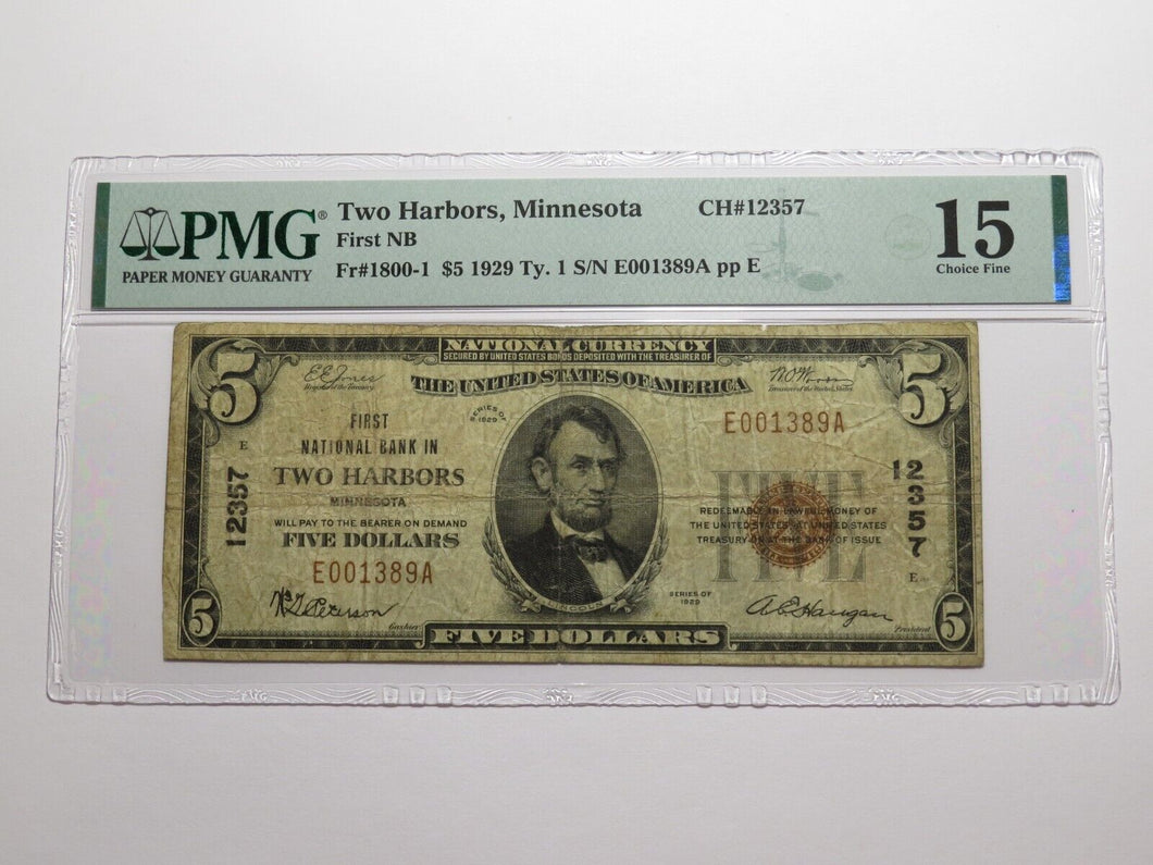 $5 1929 Two Harbors Minnesota National Currency Bank Note Bill #12357 F15 PMG