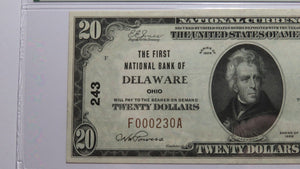 $20 1929 Delaware Ohio OH National Currency Bank Note Bill Ch. #243 UNC50EPQ PMG