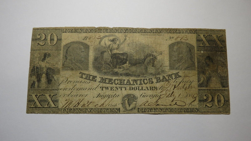 $20 1849 Augusta Georgia GA Obsolete Currency Bank Note Bill The Mechanics Bank