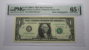 $1 1988 Radar Serial Number Federal Reserve Currency Bank Note Bill PMG UNC65EPQ