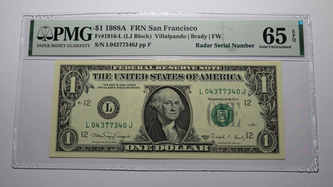 $1 1988 Radar Serial Number Federal Reserve Currency Bank Note Bill PMG UNC65EPQ