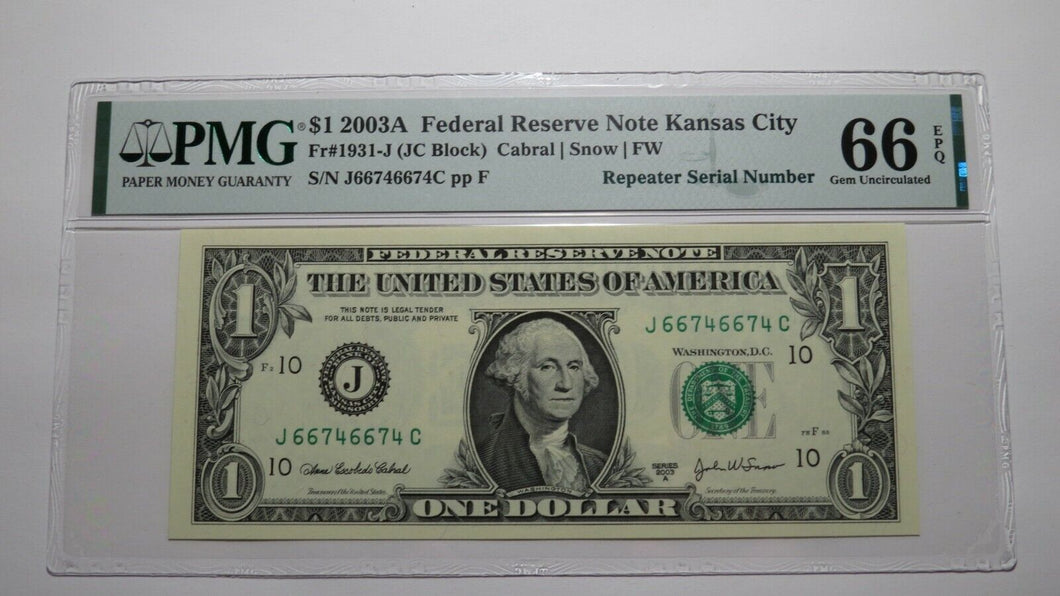 $1 2003A Repeater Serial Number Federal Reserve Currency Bank Note Bill UNC66EPQ