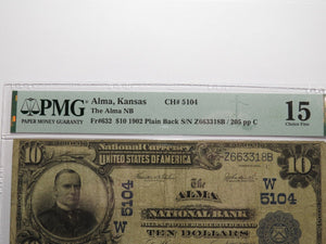 $10 1902 Alma Kansas KS National Currency Bank Note Bill Charter #5104 F15 PMG